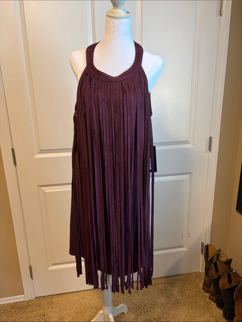 Rock & Roll Cowgirl Fringe Midi Dress in Deep Plum